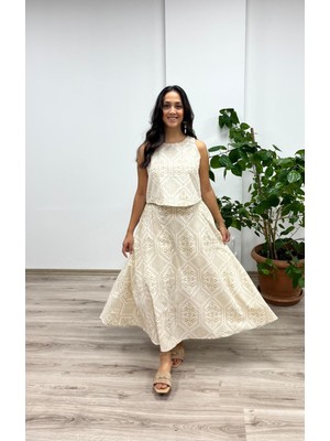 Geometrik Desen Bluz Etek Takım