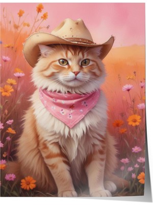 Çerçevesiz Poster, Pofuduk Kedi – Sevimli Illüstrasyon, Yatak Odası Dekoru Poster No: 110022