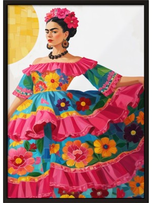 Siyah Çerçeveli Tablo, Çiçekli Elbise Giyen Kadın – Moda Portresi, Ofis Dekoru Poster No: 109951