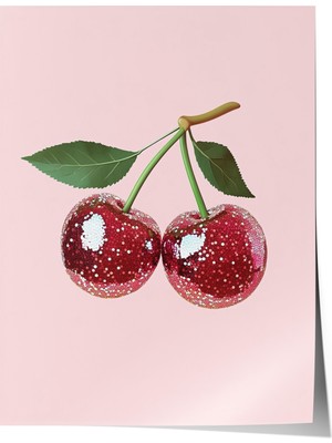 Çerçevesiz Poster, Çift Kiraz Minimal Illüstrasyonu, Mutfak Dekoru Poster No: 110067