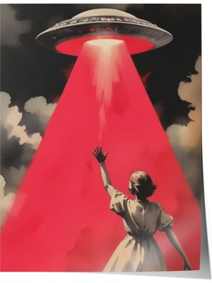 Çerçevesiz Poster, Pembe Ufo ve Figür – Retro-Bilimkurgu, Genç Odası Dekoru Poster No: 109716