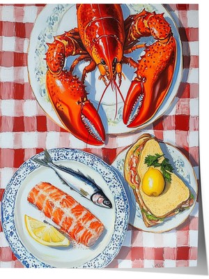 Çerçevesiz Poster, Kırmızı Istakoz ve Deniz Ürünleri Tablosu, Mutfak Dekoru Poster No: 110116