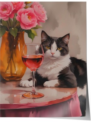 Çerçevesiz Poster, Gül ve Kedi Natürmort, Yatak Odası Dekoru Poster No: 109736