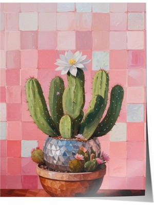Çerçevesiz Poster, Pembe Kareli Arka Planda Kaktüs – Minimal, Ofis Dekoru Poster No: 110011