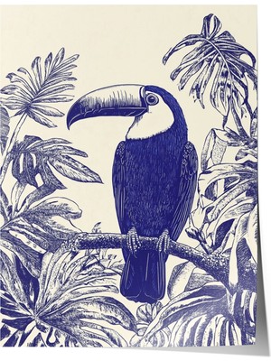 Çerçevesiz Poster, Mavi Beyaz Tropikal Kuş Çizimi, Salon Dekoru Poster No: 110769