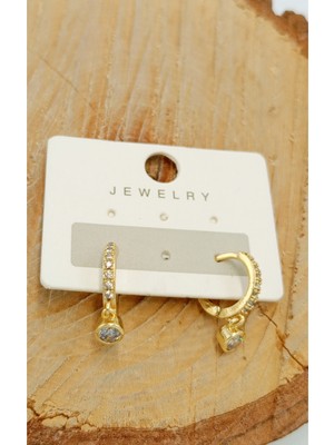 Gold Renk Figürlü Üçlü Zirkon Taşlı Lüks Küpe