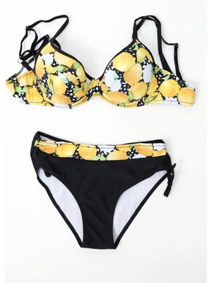 Kadın Sarı Siyah Limon Desenli Ip Askılı Yüksek Bel Bikini Takım HZL24S-LC3348
