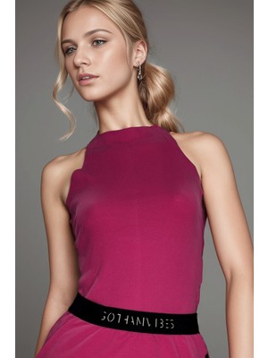 Kadın  Halter Yaka Fuşya Fitilli T-Shirt