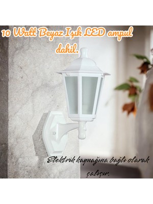 10 W. Beyaz Işık LED Ampullü Dekoratif Bahçe, Balkon, Teras, Kapı Giriş Apliği, Bahçe Duvar Armatürü