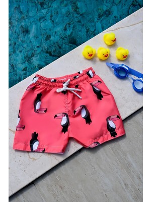 Erkek Çocuk Tukan Baskılı Bel Bağcıklı Deniz Şortu