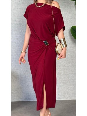Veraura Lifestyle Kadın Kısa Kollu Tek Omuzdan Açık Beli Lastikli Sandy Maxi Elbise