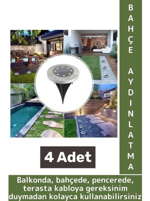 Premium Suya Dayanıklı Çim Zemin Bahçe Peyzaj 8 Ledli Kazıklı Solar Güneş Enerjili Aydınlatma 4 Adet