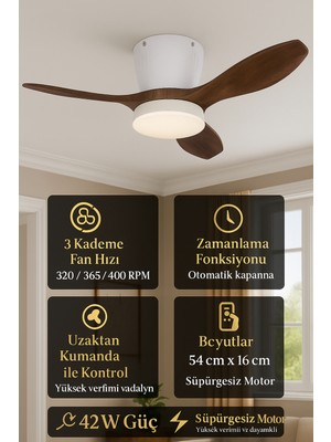 Modern Dekoratif LED Işıklı Tavan Vantilatörü | Süper Sessiz Motor | Uzaktan Kumandalı 3 Kademe Hız