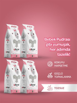 Toi Moi 4'lü Avantaj Paketi Tozsuz, Topaklanan, Emiciliği Yüksek Bebek Pudralı Bentonit Kedi Kumu 4x5lt