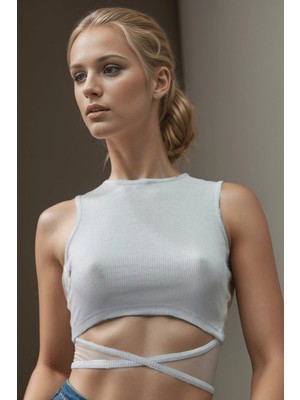 Kadın Belden Bağlamalı Beyaz Crop T-Shirt