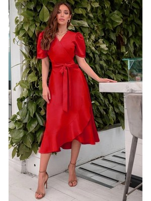 Kadın Kruvaze Yaka Midi Boy Kuşaklı Krep Elbise 120 cm