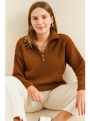 Yeni Sezon Kadın Yarım Fermuarlı Ribana Triko Kazak