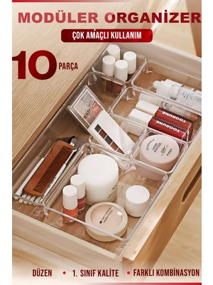 10'lu Çok Amaçlı Çekmece Içi Düzenleyici Set Şeffaf Organizer Makyaj Takı Organizeri