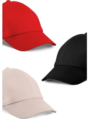  Unisex 3'lü Set Kırmızı,taş ve Siyah Renk Beyzbol Şapka