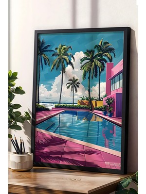 Miami Vice Tarzı Retro Havuz Sahnesi Çerçeveli Tablo - Pop Art Poster Tablo