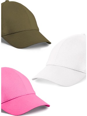  Unisex 3'lü Set Haki,pembe ve Beyaz Renk Beyzbol Şapka