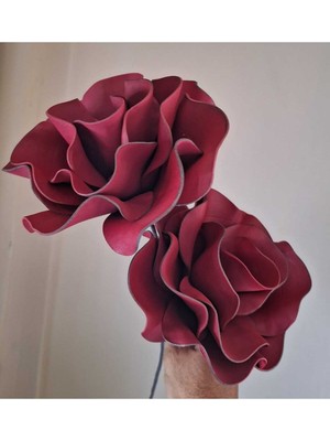 Lateks El Yapımı Tek Dal Iki Çiçek Bordo Rengi Vazo ve Bohça Yapay Çiçek