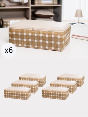 6 Adet Büyük Boy Bej Kare Desen Ekoseli Baza Altı Düzenleyici Hurç Seti 60X40X20 cm