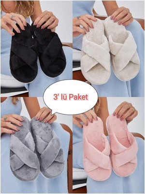 Moda Devrin Kadınlar İçin 3'lü Paket Çapraz Terlik Ev Terliği Düz Topuklu Çok Renkli Tekstil Seti
