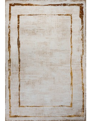 Gold Çerçeveli Etnik Modern Desenli Pamuk Makinada Yıkanabilir Hav Toz Vermez Leke Tutmayan Kaymaz Taban Dijital Makine Baskı Salon Yolluk Mutfak Halı