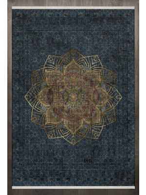 Bespoky 80x150 cm Lacivert Elegance Modern Etnik Yıkanabilir Halı | Mutfak Balkon Yatak Odası Halısı | Leke Tutmayan Kaymaz | F_ELEGANCE-1022
