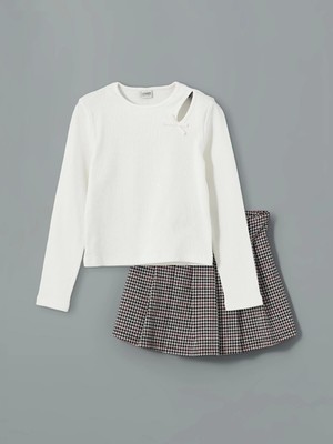 Lcw Kids Ekru Bisiklet Yaka Kız Çocuk Tişört ve Şort Etek