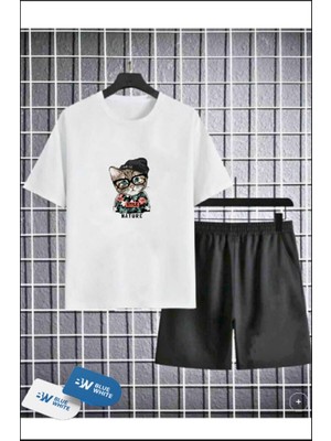 Erkek/kız Çocuk '' Kedi '' Baskılı Tişört-Şort Takımı