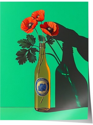 Çerçevesiz Poster, Vazoda Kırmızı Çiçek Minimal Illüstrasyonu, Salon Dekoru Poster No: 110260