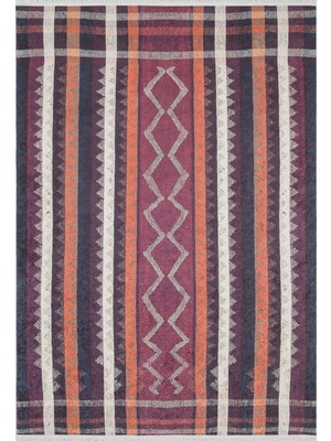 Bespoky 80x150 cm Turuncu Bordo Geometrik Etnik Zigzag Yıkanabilir Halı | Yatak Odası Mutfak Halısı | Leke Tutmayan, Kaymaz | HALN-HLN1676
