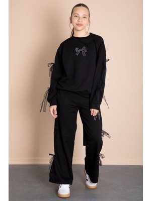 Siyah Yanları Fiyonk Detaylı Geniş Paça Kız Çocuk Eşofman Takımı 21196