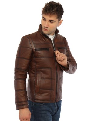 Hakiki Deri Kahverengi Muller Fermuarlı Erkek Deri Ceket