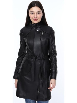 Hakiki Deri Siyah Kuşaklı Uzun Kadın Ceket