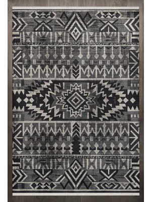 Bespoky 80x150 cm Siyah Modern Etnik Halı | Yatak Odası Çocuk Odası Halı | Yıkanabilir Kaymaz Leke Tutmayan | F_MONGOLİAN-305