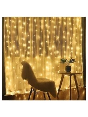 8 Modlu 3 x 3 Metre 300 Ledli Kumandalı Günışığı Açık Sarı Renk Dekoratif Prizli Perde LED