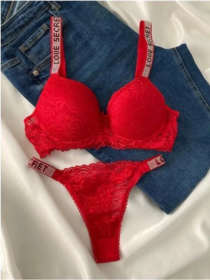 Gold Night  Kadın Kırmızı Dantelli Taşlı Balenli Destekli Dolgulu Push Up Sütyen Takımı Iç Çamaşırı Takımı