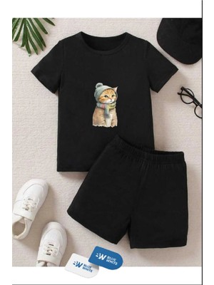 Erkek/kız Çocuk  ''kedi'' Baskılı Tişört-Şort Takımı