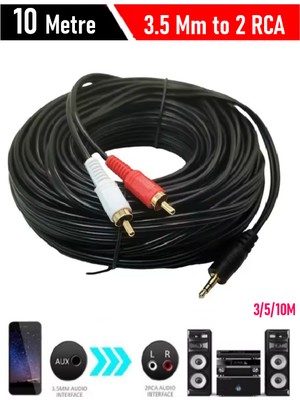 2rca Aux 3.5 mm Stereo Lale To 2 Rca Aux Ses Kablosu (10 Metre)