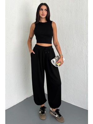Oslo Kadın Beli Bağcıklı Salaş Modal Şalvar Siyah Pantolon – Rahat Kesim Günlük Stil