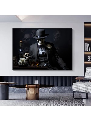 Iskelet Takım Elbiseli ve Şapkalı Kanvas Tablo – Iskelet Baskılı Duvar Sanatı