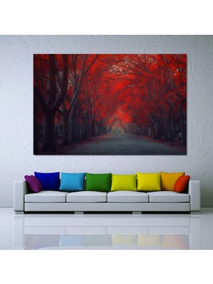 Kırmızı Yapraklı Orman Kanvas Tablosu, Güzel Kırmızı Ağaç Park Baskısı, Manzara Kanvas Tablo