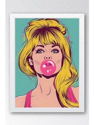 Balon Çiklet Şişiren Kadın Çerçeveli Tablo - Pop Art Poster Tablo