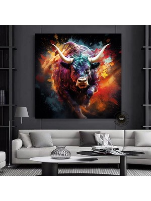 Boğa Kanvası, Renkli Boğa Tablosu, Soyut Hayvan Boyama, Büyük Boy