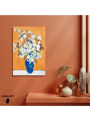 Tekli Dikey Kanvas Tablo Ünlü Eserler Van Gogh Vazoda Beyaz Güller