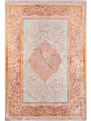 Hali.Net 80x150 cm Turuncu Açık Mavi Madalyonlu Klasik Oryantal Halı | Salon Mutfak Halısı | Hav Vermez Hipoalerjenik | HALN-HLN1393