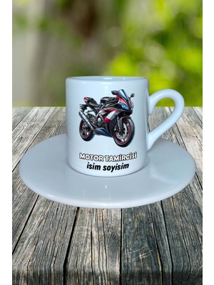 Motor Tamircisi Meslek Baskılı Türk Kahvesi Fincanı Tabaklı Kişiye Özel Model 3